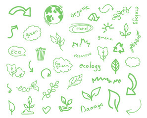 A set of vector illustrations of leaves in an ecological style.Drawn with a pen, in green, for various purposes. Environmental symbols