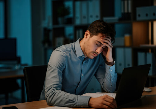 Tired businessman working late at night in office