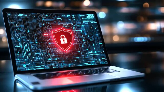 A sleek laptop on a desk showing a bright red shield with a padlock icon on the screen, surrounded by futuristic blue digital graphics and security-related text overlays