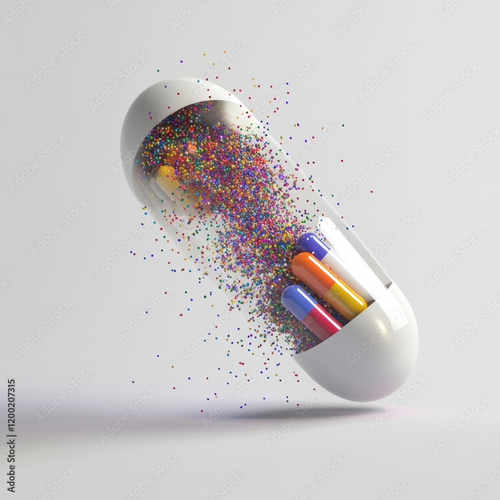 Poster colorful particles spill from a split capsule creating a vibrant display in a studio setting. genera