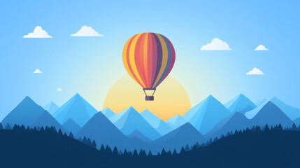  "Soaring Serenity: Colorful Hot Air Balloon Against Blue Mountain Skies"


