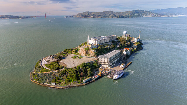 Aerial view of Alcatraz Island. Alcatraz Island, also known as 'The Rock,' a rocky island in San Francisco Bay, off the coast of California, in the United States.