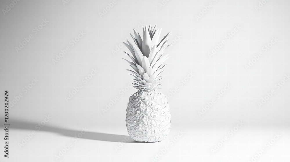 Poster Pineapple stands alone on a white backdrop showcasing its unique texture and shape with shadows during soft lighting. Generative AI