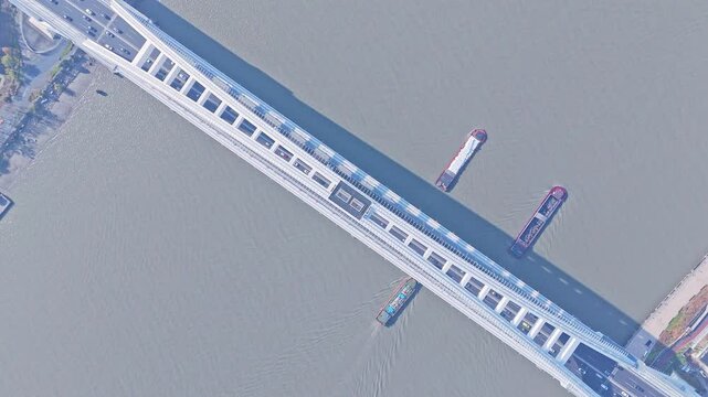 4K Real Time Aerial view of Lupu bridge and Huangpu River in Shanghai, China