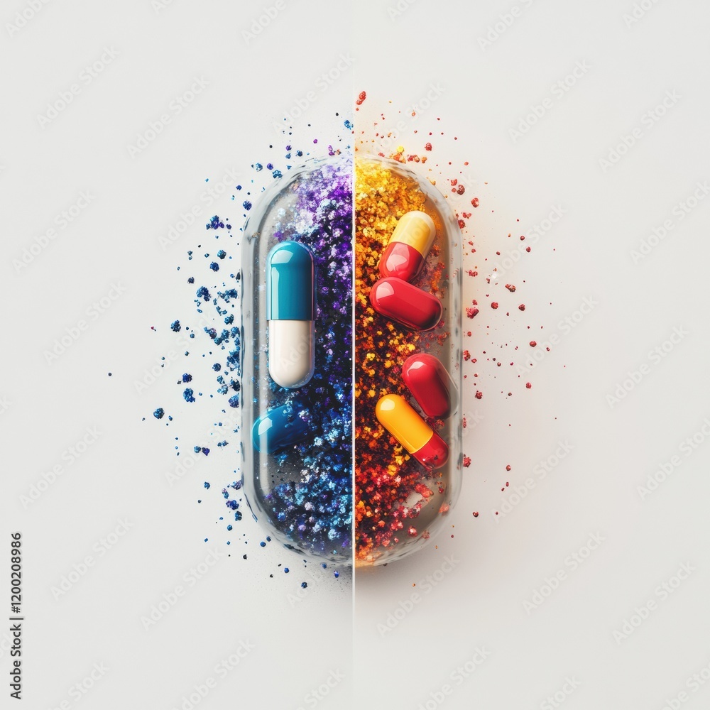 Poster colorful particles spilling from a split capsule on a light background showcasing vibrant hues of bl