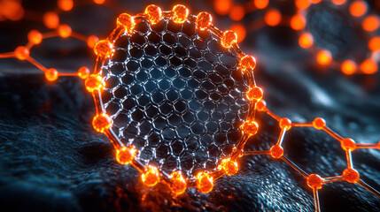 Graphene-based transistor illuminated in a dark futuristic environment with intricate nanostructures and vibrant colors