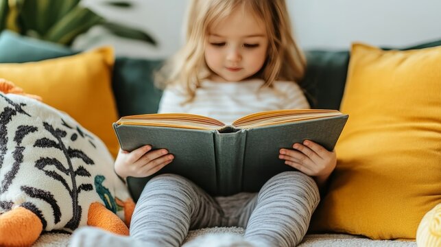 Little Girl Reading on a Cozy Sofa, Surrounded by Stuffed Animals and Colorful Cushions