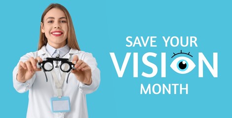 Banner for Save Your Vision Month with female ophthalmologist holding trial frame
