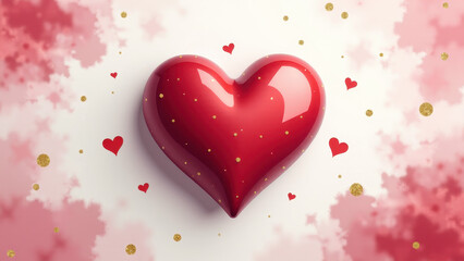 Valentine's Day Magic, 3D Red Heart Surrounded by Tiny Hearts on Dreamy Pink Watercolor with Golden Sparks
