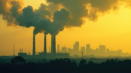 industrial smokestacks releasing thick black and gray clouds of smoke into the sky, pollution atmosphere, air, ecology problem, industrial impact on health