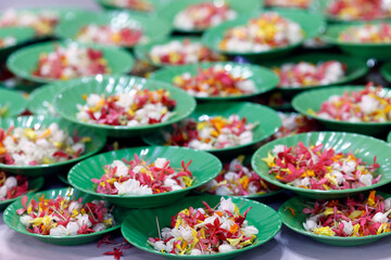 Thien Quang buddhist pagoda. Flower petals for Vesak celebration. Tan Chau. Vietnam.