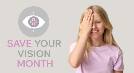 Banner for Save Your Vision Month with girl checking her eyesight