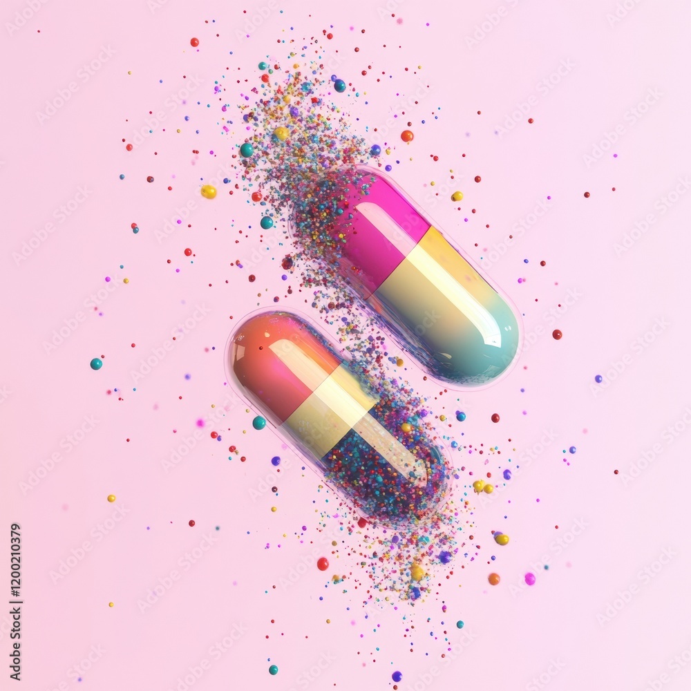 Leinwandbilder colorful particles spill from split capsule against a pastel pink background creating a vibrant visu