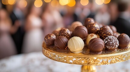 Elegant chocolate truffles showcase charm at a wedding celebration with dancing guests