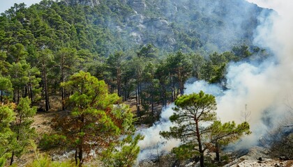 Fire burns in the forests, causing smoke and destruction in the mountainous region