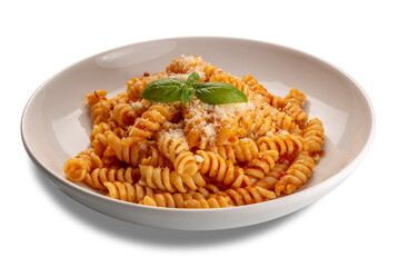 Fusilli pasta with tomato sauce and grated parmesan cheese and basil leaves in white plate isolated