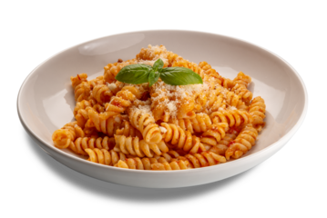 Fusilli pasta with tomato sauce and grated parmesan cheese and basil leaves in white plate isolated