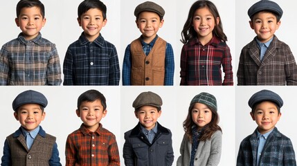 Stylish Fall Kids Fashion. Collection of Diverse Children Ages 4-7 Modeling Trendy Autumn Clothing.