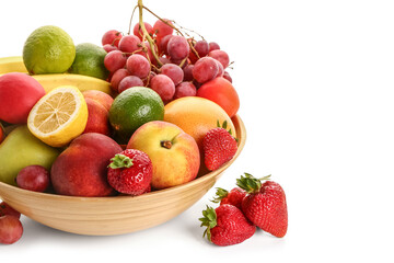 Bowl with different fresh fruits on white background