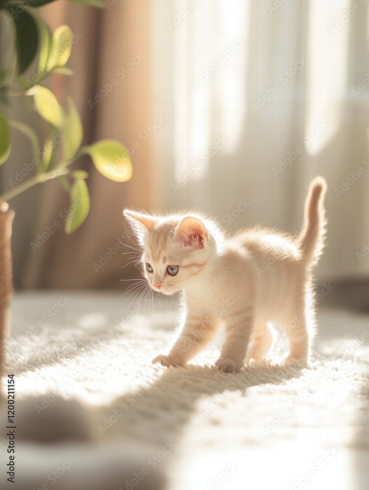 Poster kitten explores sunny living room while playing with soft toys and enjoying warm sunlight. generativ