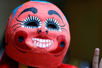 Phuoc Long Buddhist pagoda. Ong dia or the spirit of the earth masks for lion Dance on Lunar New Year. Tan Chau. Vietnam.