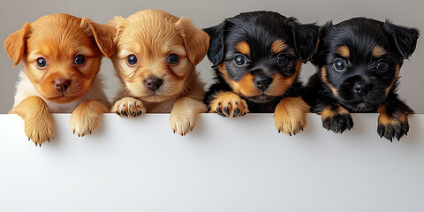 Fototapeta premium Four puppies peeking over a white surface, with their faces clearly visible and expressive, highlighting their adorable and curious nature.