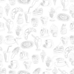 Seamless pattern with drinks an desserts art print for textile, paper, wallpaper decor design food kitchen cafe restaurants