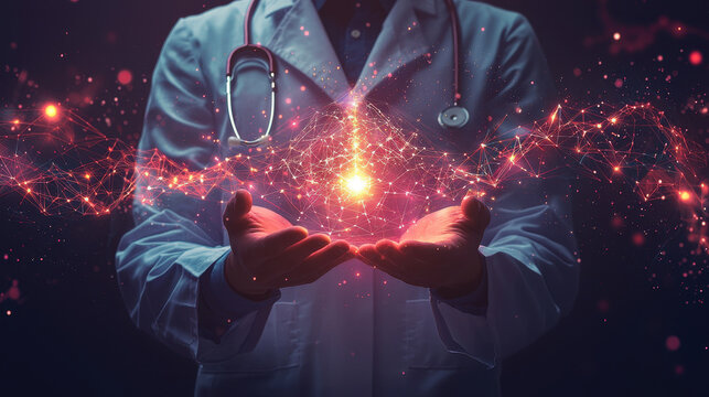 Medical professional utilizes graphene-based biosensor to monitor real-time patient health metrics with vibrant holographic data in a futuristic environment