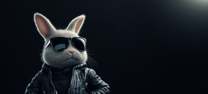 Badass looking Easter bunny character with black sunglasses and leather jacket on black background, original Easter design with copy space