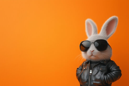 Badass looking Easter bunny character with black sunglasses and leather jacket on orange background, original Easter design with copy space