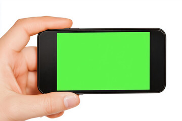 Hand holding smartphone horizontally with green screen on white background
