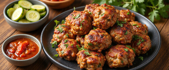 Fototapeta premium Delicious Swedish Meatballs garnished with fresh herbs on a black plate accompanied by lime slices and a small bowl of spicy sauce, creating a vibrant and appetizing display