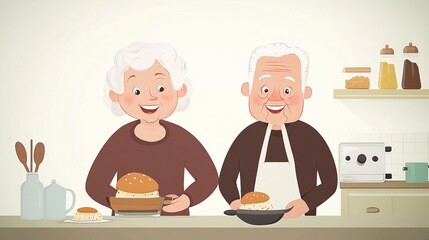 Elderly couple joyfully cooking together in a cozy kitchen setting