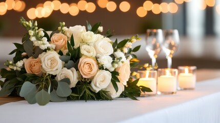 wedding table setting, floral wedding decor with cascading greenery on rustic wooden table and soft candlelight creates a romantic ambiance