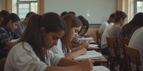 Fototapeta premium a group of students sitting at desks in a classroom