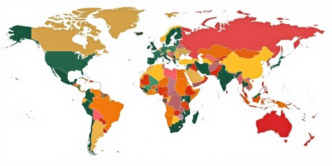 Fototapeta premium the world map is colored in orange, green and yellow