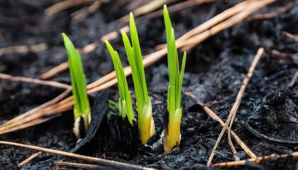 Fototapeta premium Young green shoots emerge from soil after forest fire in spring recovery process