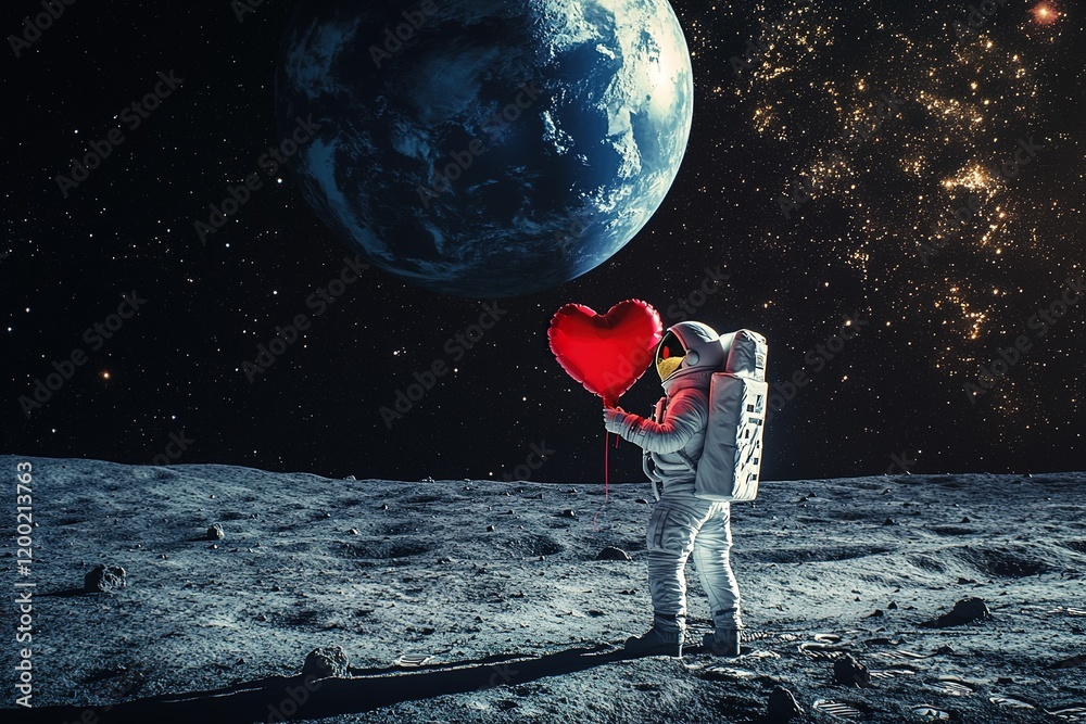 Wall mural astronaut in white spacesuit holding red heart-shaped on moon surface with earth planet in dark univ