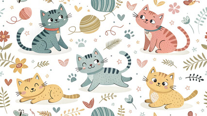 Obraz premium seamless pattern background with cute cartoon cats and yarn balls