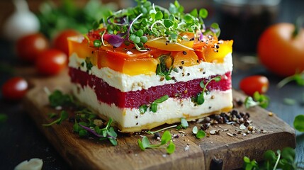 Molecular gastronomy styled with farm-to-table ingredients, featuring vibrant vegetables and microgreens, isolated on a rustic board