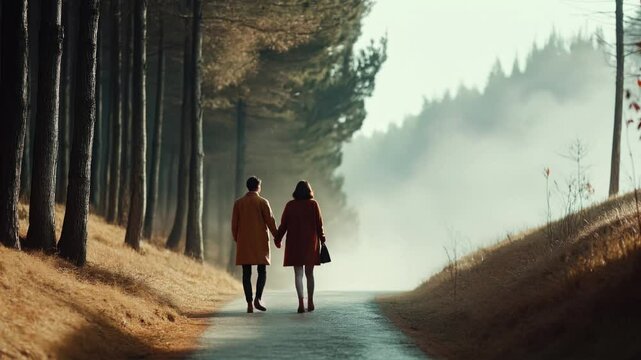 A couple walks closely together on a serene path surrounded by tall trees, wrapped in golden autumn hues, enjoying a peaceful moment in nature. The fog adds a magical touch to the scenery.