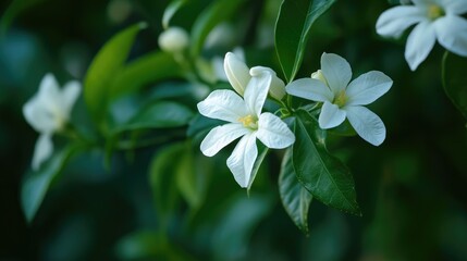 Obraz premium Blooming Jasmine Blossom on Lush Green Leaves, Isolated Against a Pure Background