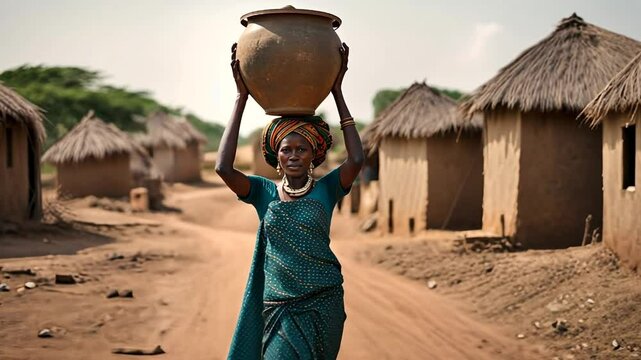 African woman with a bowl of water in an African village.