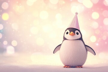 Naklejka premium funny 3d cartoon animal birthday celebration postcard, sweet penguin bird in festive party hat on pink bokeh lighting background with copy space