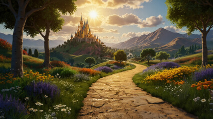 The Yellow Brick Road curving through colorful fields and trees, heading towards the radiant Emerald City. The Wizard of Oz inspired. perfect for storytelling, fantasy art, or travel themes.