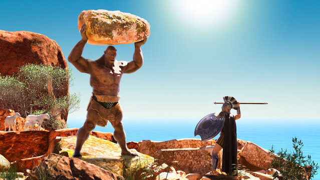 Greek hero Odysseus fights the man-eating one-eyed giant cyclops Polyphemus