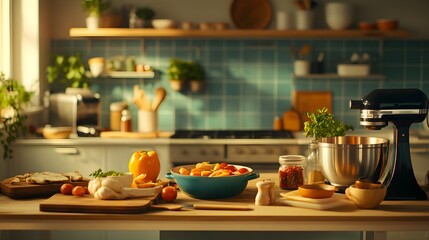 Obraz premium Dynamic Home Cooking Class Setup with Ingredients and Culinary Tools - Generative AI
