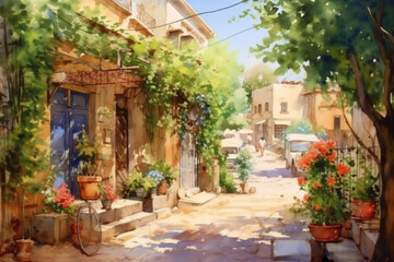 Fototapeta premium cozy summer street of an Italian town, lots of greenery and flowers., watercolor style, Generative AI