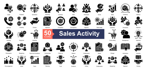 Sales Activity Icon Collection Set.Containing Leads, Prospect, Generation, Nurturing, Outreach, Pitch, Persuasion, Quota icon. Simple glyph style Vector Illustration.	