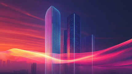Skyscraper illuminated by vibrant light waves during twilight hours. Generative AI